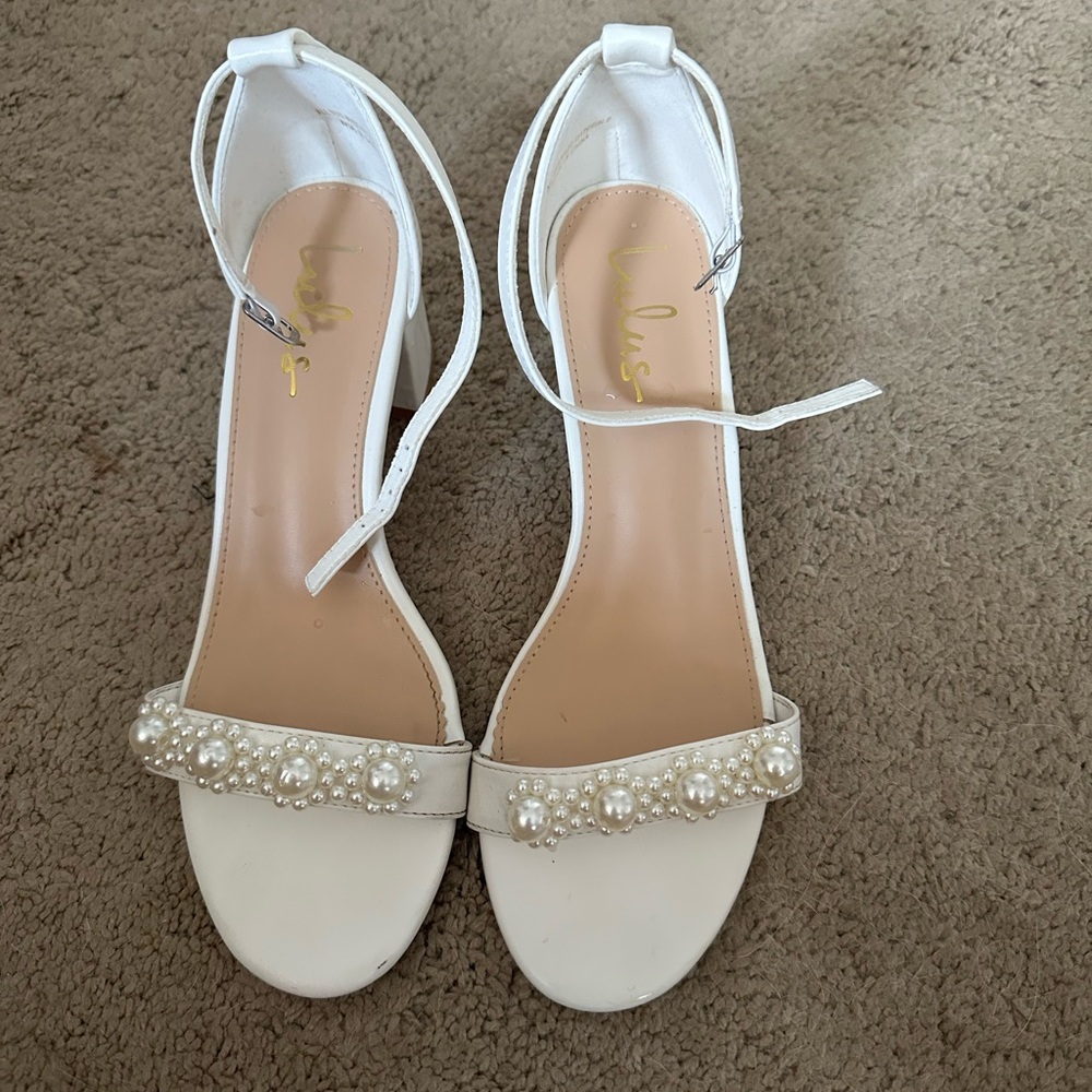 Lulu's White Heels with Ankle Strap and Rhinestone Detail